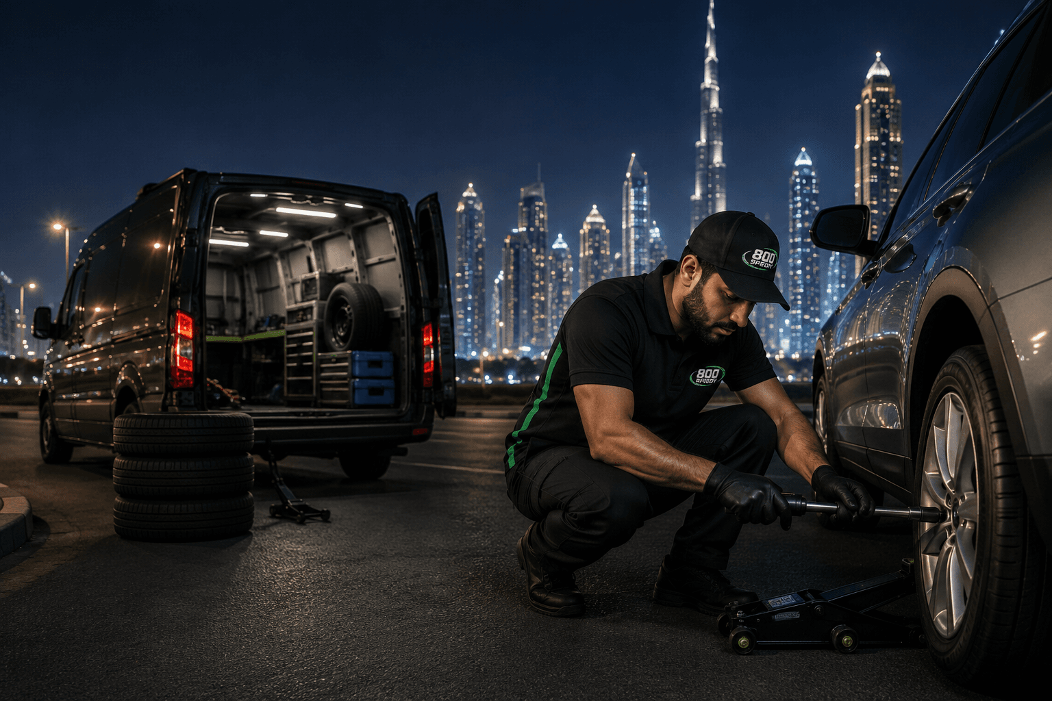 800 Speedy technician fitting a tyre on-site in Dubai at night